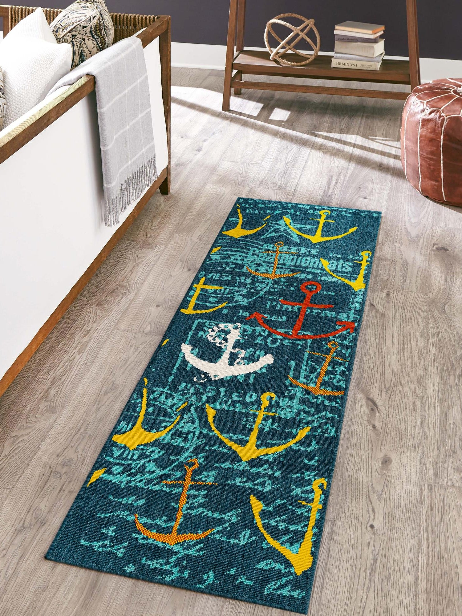 Navy Blue 2' 7 x 12' Outdoor Coastal Runner Area Rug Weather Resistant for Patio, Deck, Terrace, Balcony, Porch 100% Polypropylene Coastal Decor Carpet for Sale at Rug Engine