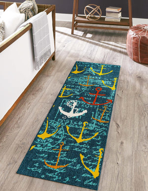 Navy Blue 2' 7 x 12' Outdoor Coastal Runner Area Rug Weather Resistant for Patio, Deck, Terrace, Balcony, Porch 100% Polypropylene Coastal Decor Carpet for Sale at Rug Engine