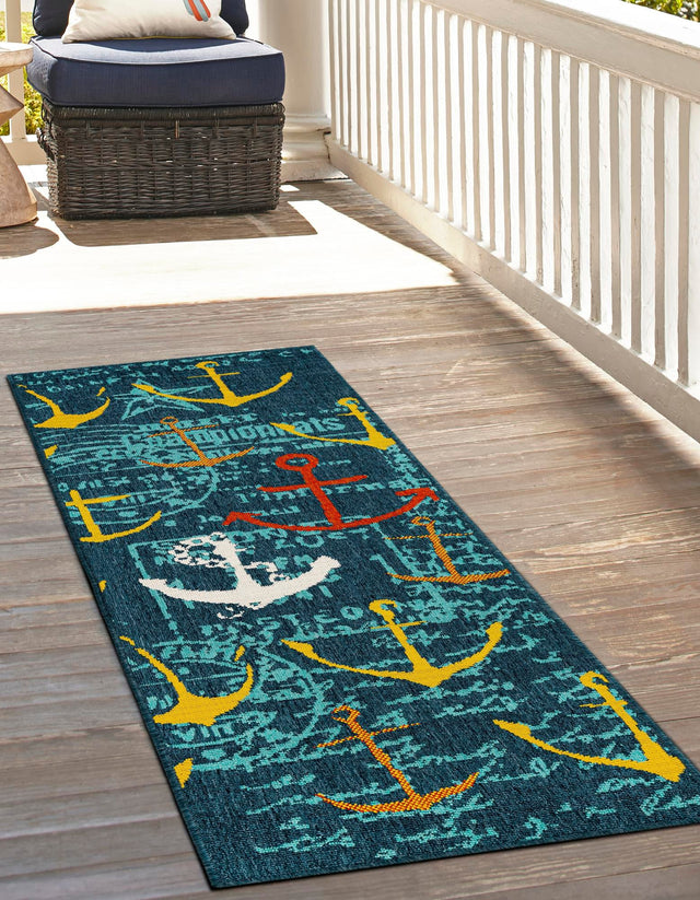 Navy Blue 2' x 6' 1 Outdoor Coastal Runner Area Rug Weather Resistant for Patio, Deck, Terrace, Balcony, Porch 100% Polypropylene Coastal Decor Carpet for Sale at Rug Engine