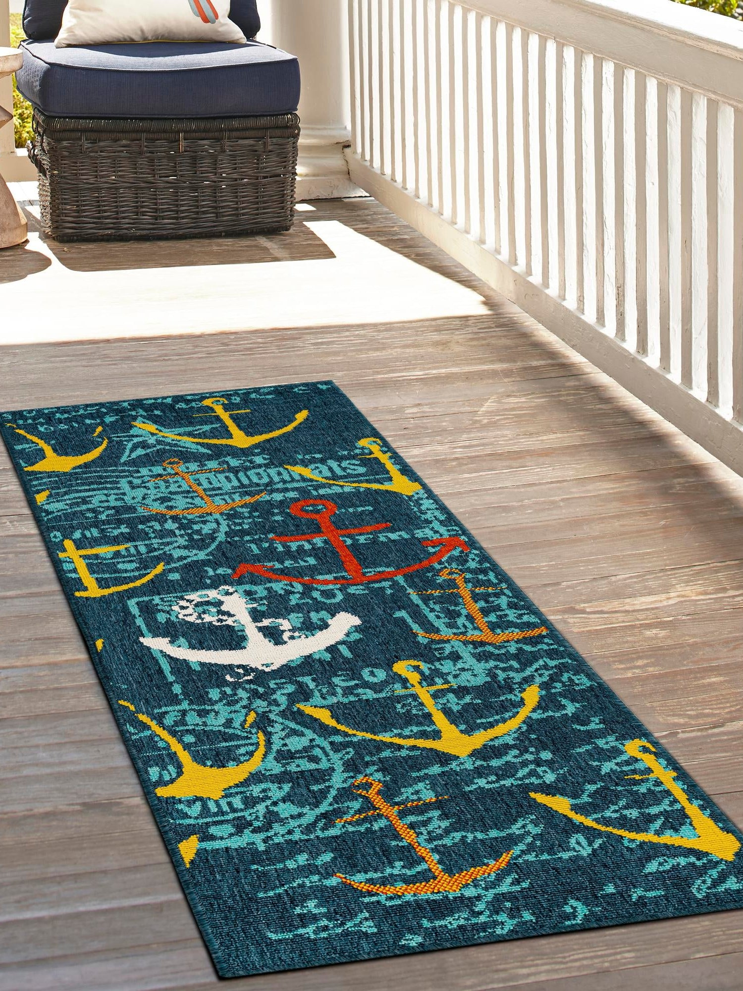 Navy Blue 2' x 5' 1 Outdoor Coastal Runner Area Rug Weather Resistant for Patio, Deck, Terrace, Balcony, Porch 100% Polypropylene Coastal Decor Carpet for Sale at Rug Engine