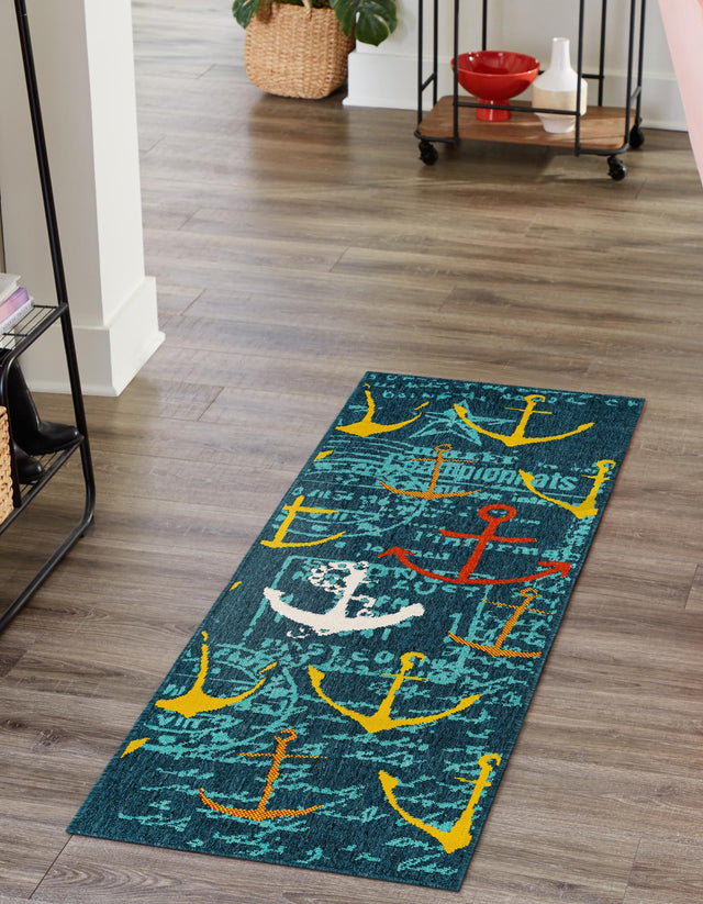Navy Blue 2' x 6' 1 Outdoor Coastal Runner Area Rug Weather Resistant for Patio, Deck, Terrace, Balcony, Porch 100% Polypropylene Coastal Decor Carpet for Sale at Rug Engine