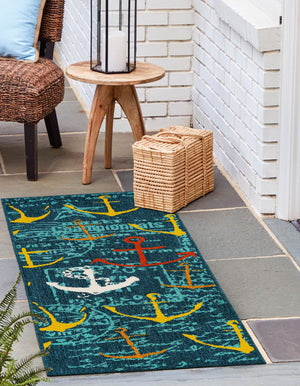 Navy Blue 2' 7 x 10' Outdoor Coastal Runner Area Rug Weather Resistant for Patio, Deck, Terrace, Balcony, Porch 100% Polypropylene Coastal Decor Carpet for Sale at Rug Engine