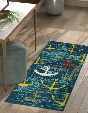 Navy Blue 2' 7 x 10' Outdoor Coastal Runner Area Rug Weather Resistant for Patio, Deck, Terrace, Balcony, Porch 100% Polypropylene Coastal Decor Carpet for Sale at Rug Engine