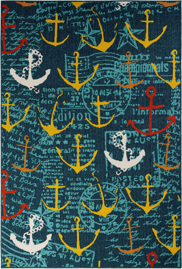 Navy Blue 6' 1 x 9' Outdoor Coastal Rectangle Area Rug Weather Resistant for Patio, Deck, Terrace, Balcony, Porch 100% Polypropylene Coastal Decor Carpet for Sale at Rug Engine
