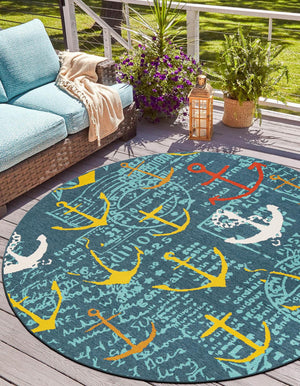 Navy Blue 7' 10 x 7' 10 Outdoor Coastal Round Area Rug Weather Resistant for Patio, Deck, Terrace, Balcony, Porch 100% Polypropylene Coastal Decor Carpet for Sale at Rug Engine