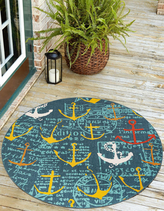 Navy Blue 6' 1 x 6' 1 Outdoor Coastal Round Area Rug Weather Resistant for Patio, Deck, Terrace, Balcony, Porch 100% Polypropylene Coastal Decor Carpet for Sale at Rug Engine