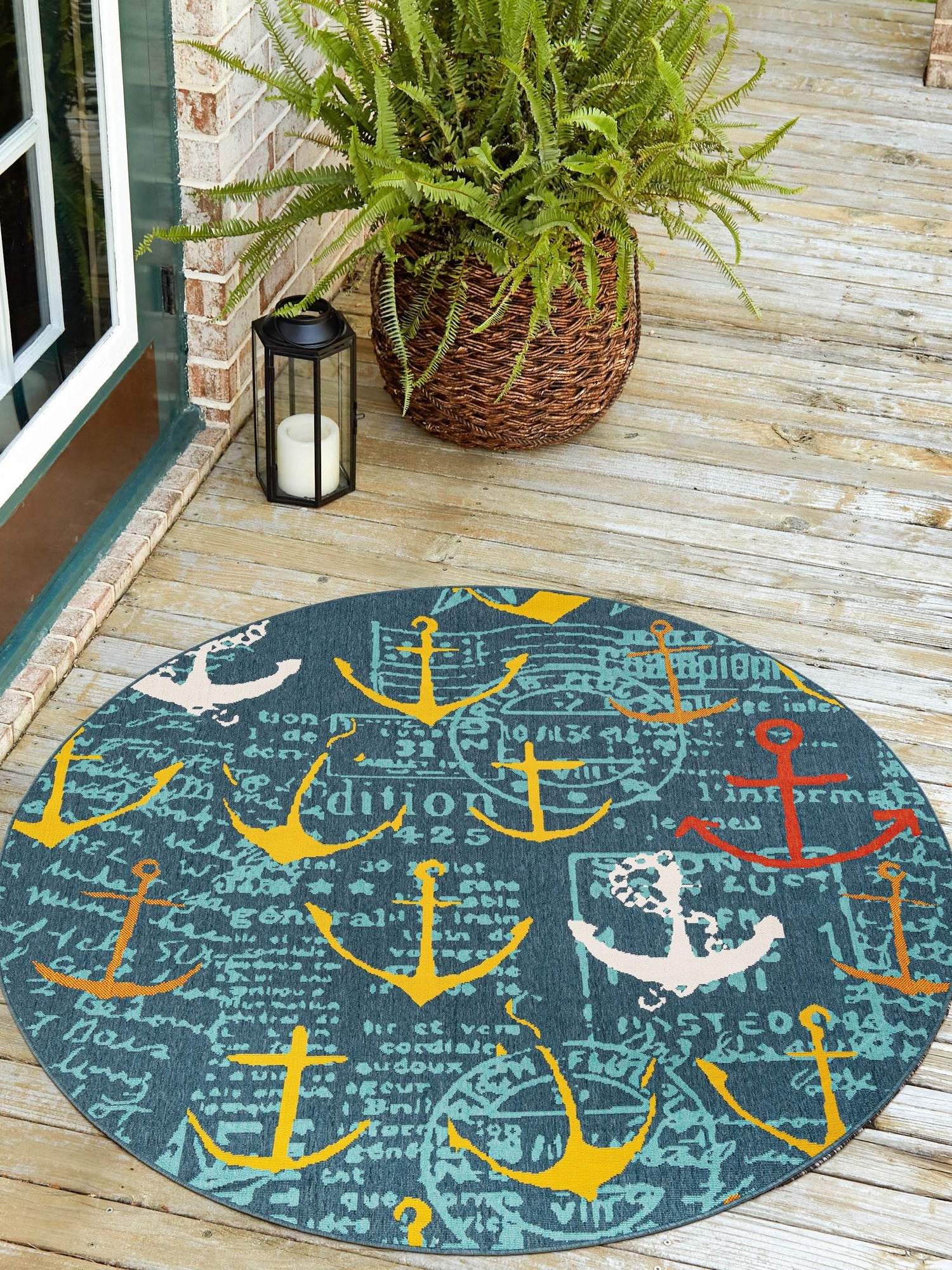 Navy Blue 4' 1 x 4' 1 Outdoor Coastal Round Area Rug Weather Resistant for Patio, Deck, Terrace, Balcony, Porch 100% Polypropylene Coastal Decor Carpet for Sale at Rug Engine