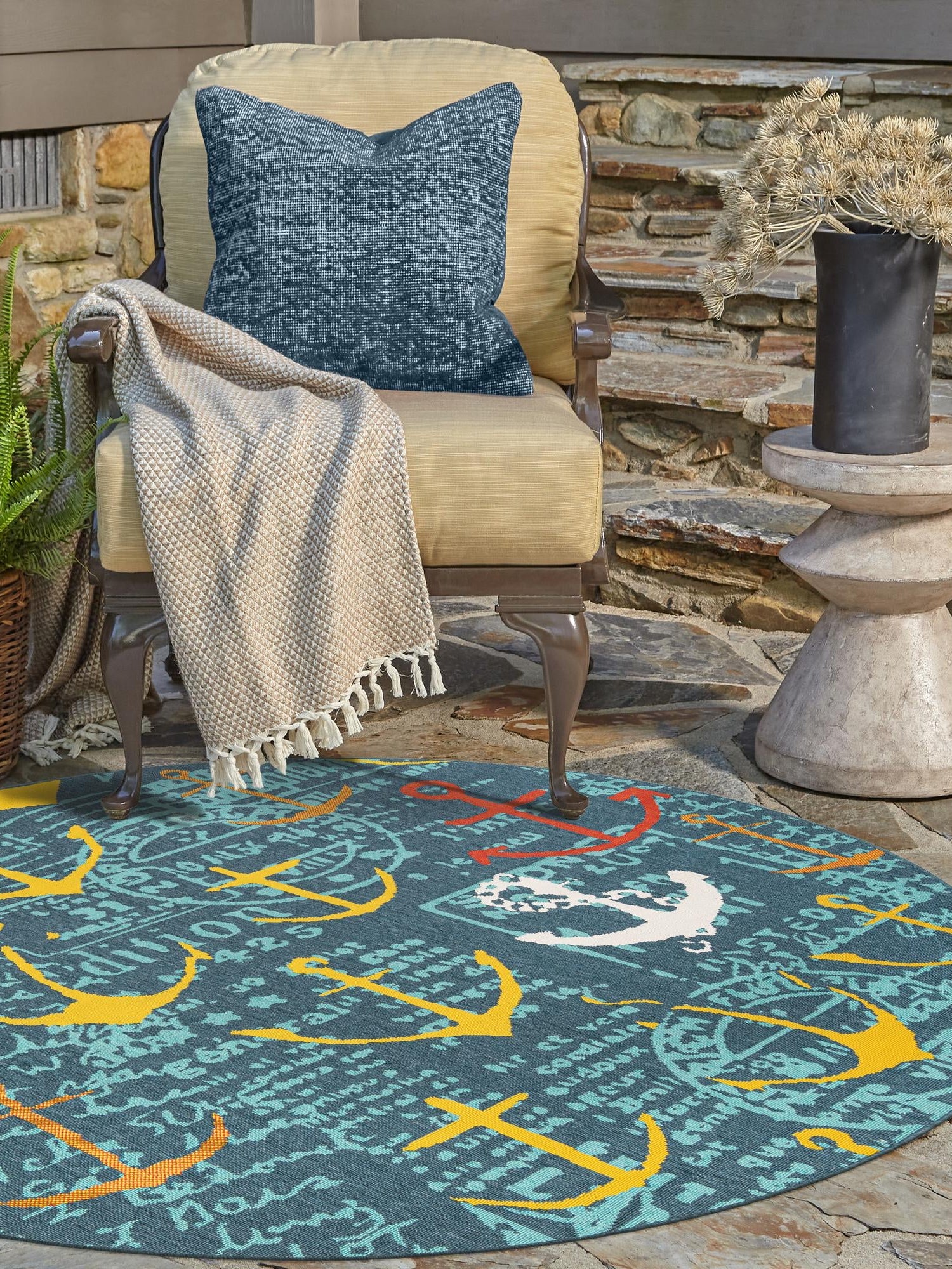 Navy Blue 3' 1 x 3' 1 Outdoor Coastal Round Area Rug Weather Resistant for Patio, Deck, Terrace, Balcony, Porch 100% Polypropylene Coastal Decor Carpet for Sale at Rug Engine