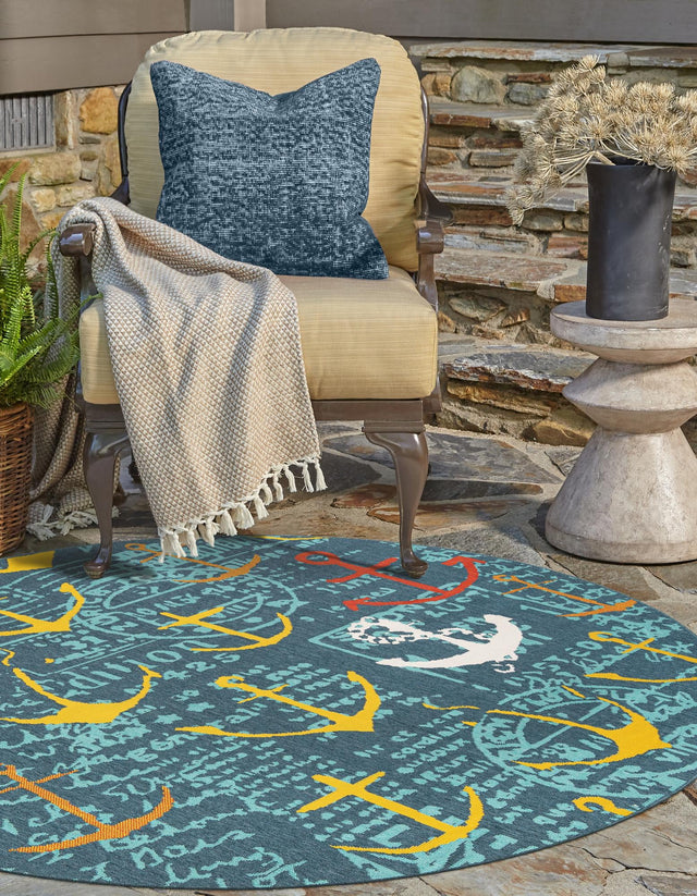 Navy Blue 5' 1 x 5' 1 Outdoor Coastal Round Area Rug Weather Resistant for Patio, Deck, Terrace, Balcony, Porch 100% Polypropylene Coastal Decor Carpet for Sale at Rug Engine