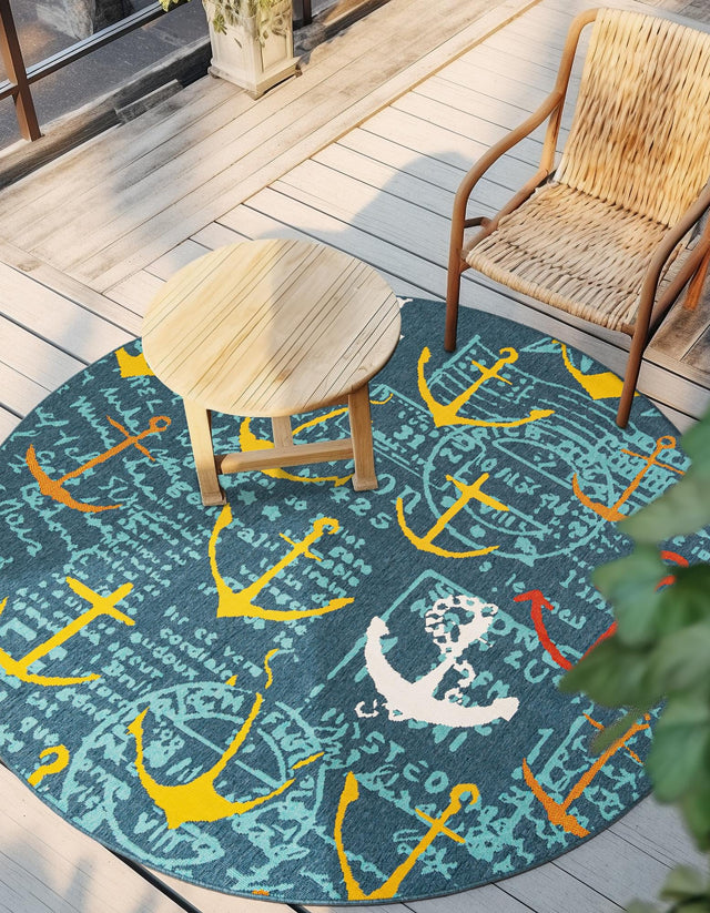 Navy Blue 6' 1 x 6' 1 Outdoor Coastal Round Area Rug Weather Resistant for Patio, Deck, Terrace, Balcony, Porch 100% Polypropylene Coastal Decor Carpet for Sale at Rug Engine