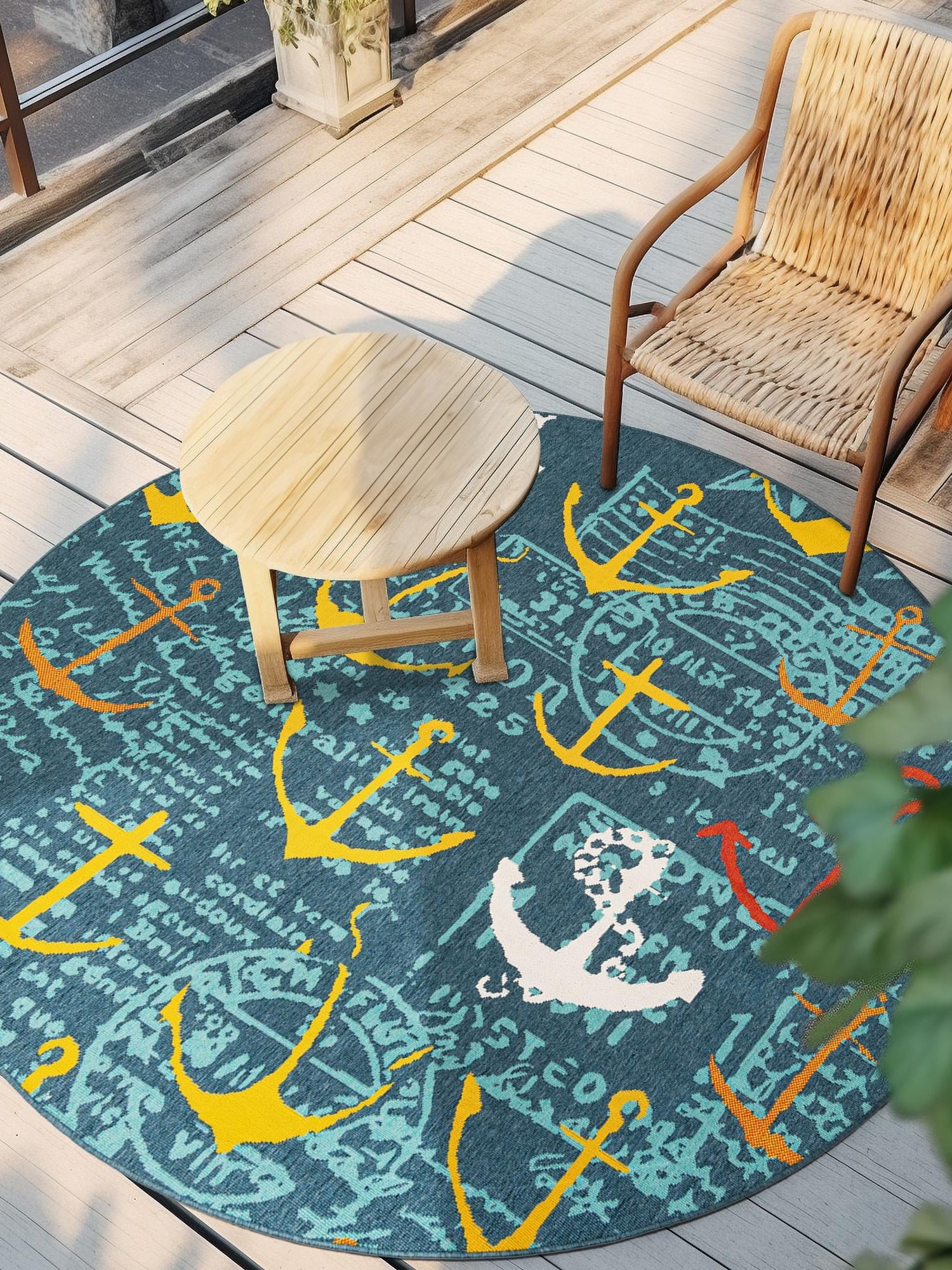 Navy Blue 4' 1 x 4' 1 Outdoor Coastal Round Area Rug Weather Resistant for Patio, Deck, Terrace, Balcony, Porch 100% Polypropylene Coastal Decor Carpet for Sale at Rug Engine