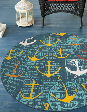 Navy Blue 3' 1 x 3' 1 Outdoor Coastal Round Area Rug Weather Resistant for Patio, Deck, Terrace, Balcony, Porch 100% Polypropylene Coastal Decor Carpet for Sale at Rug Engine