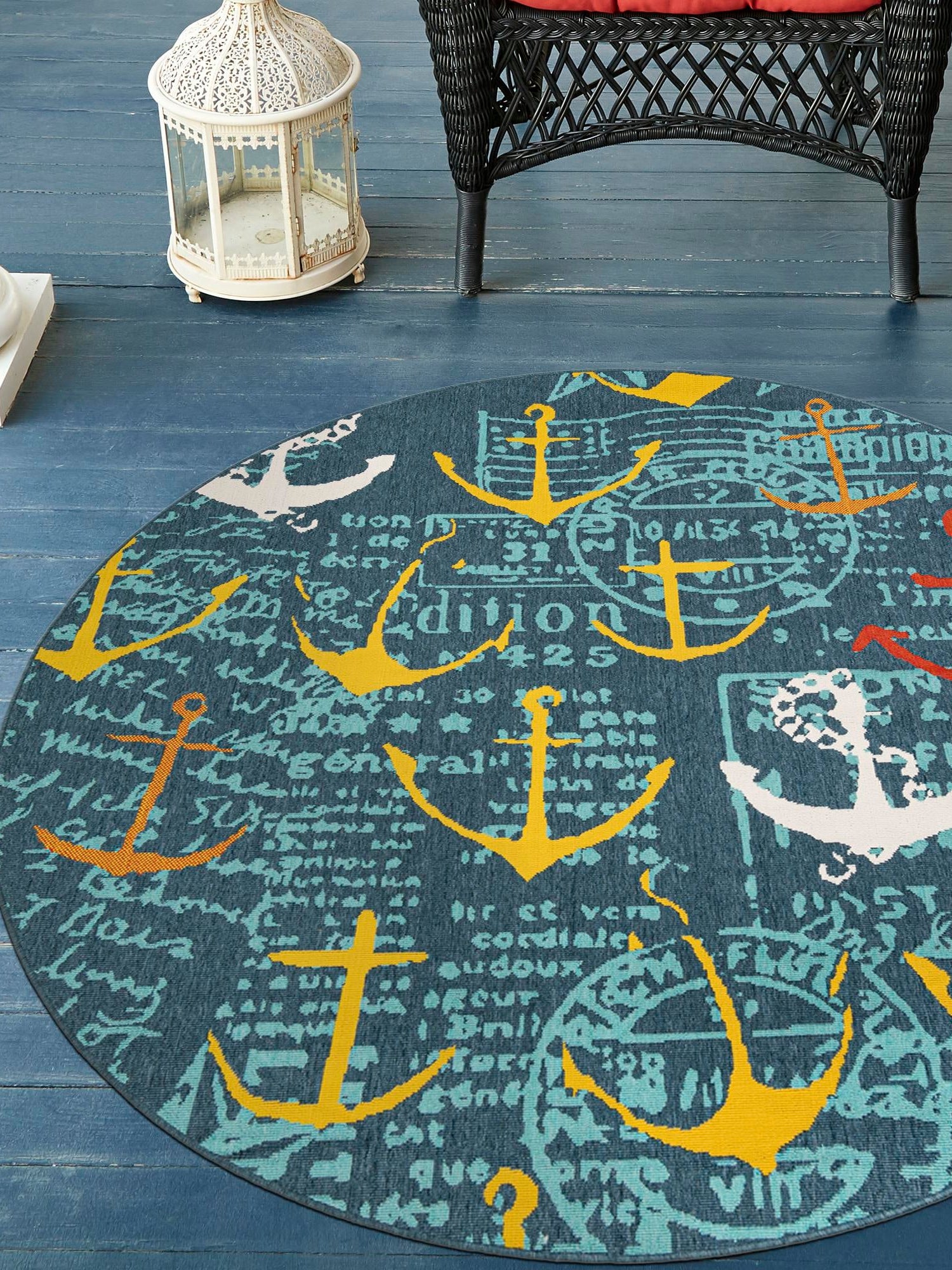 Navy Blue 4' 1 x 4' 1 Outdoor Coastal Round Area Rug Weather Resistant for Patio, Deck, Terrace, Balcony, Porch 100% Polypropylene Coastal Decor Carpet for Sale at Rug Engine