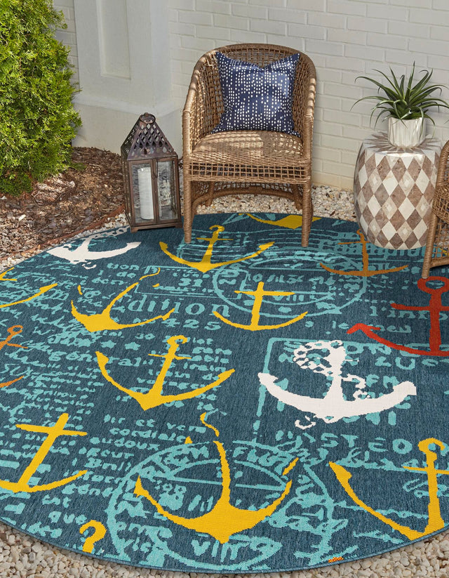 Navy Blue 7' 10 x 7' 10 Outdoor Coastal Round Area Rug Weather Resistant for Patio, Deck, Terrace, Balcony, Porch 100% Polypropylene Coastal Decor Carpet for Sale at Rug Engine