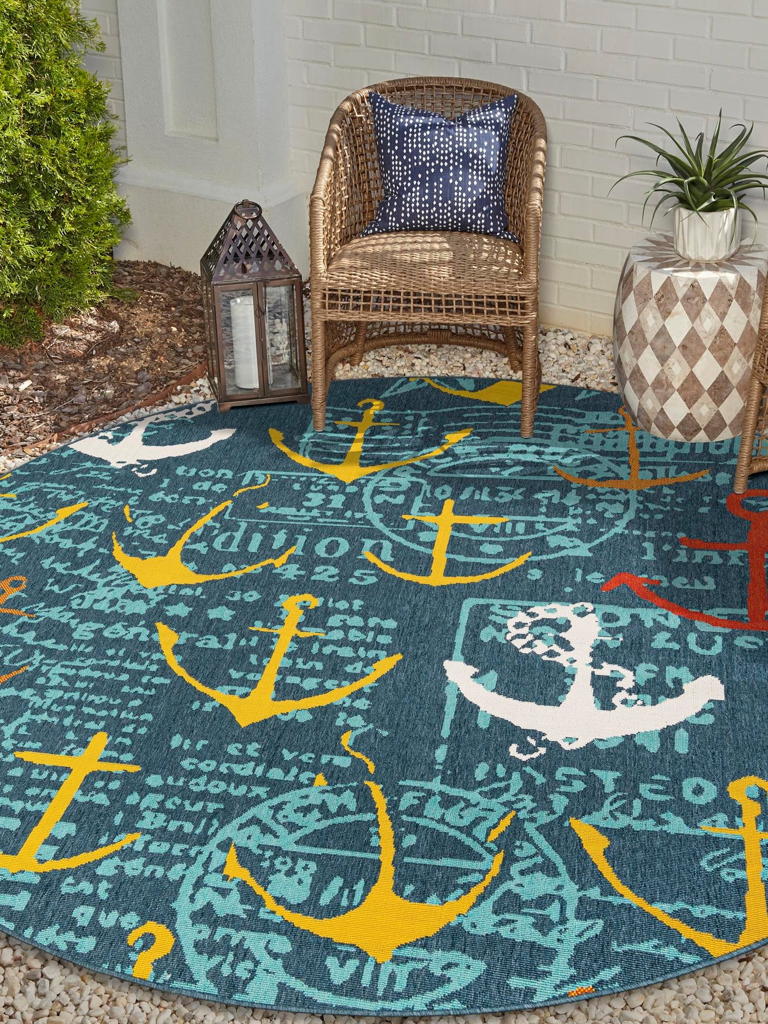 Navy Blue 4' 1 x 4' 1 Outdoor Coastal Round Area Rug Weather Resistant for Patio, Deck, Terrace, Balcony, Porch 100% Polypropylene Coastal Decor Carpet for Sale at Rug Engine