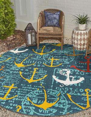 Navy Blue 5' 1 x 5' 1 Outdoor Coastal Round Area Rug Weather Resistant for Patio, Deck, Terrace, Balcony, Porch 100% Polypropylene Coastal Decor Carpet for Sale at Rug Engine