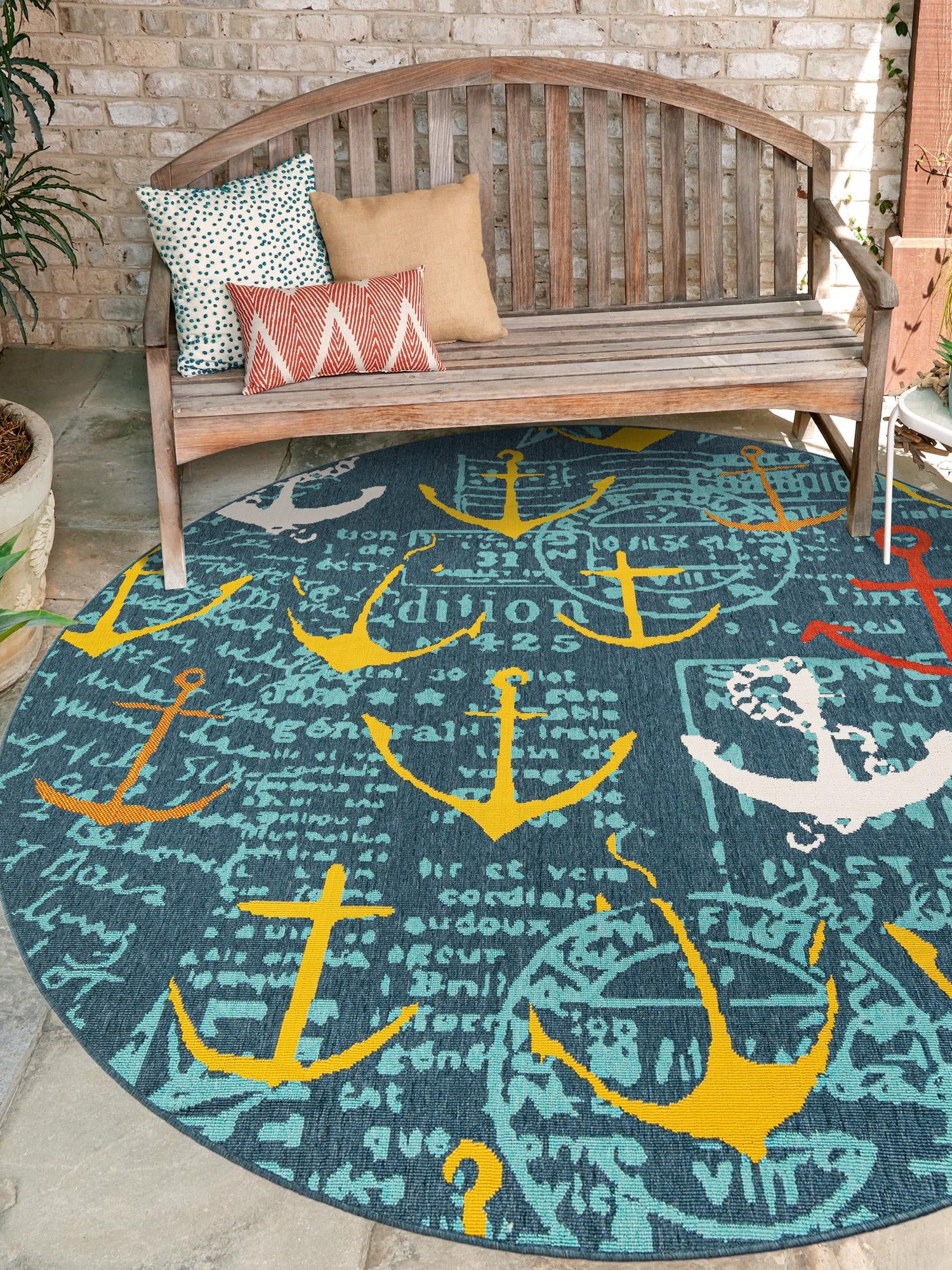 Navy Blue 7' 10 x 7' 10 Outdoor Coastal Round Area Rug Weather Resistant for Patio, Deck, Terrace, Balcony, Porch 100% Polypropylene Coastal Decor Carpet for Sale at Rug Engine