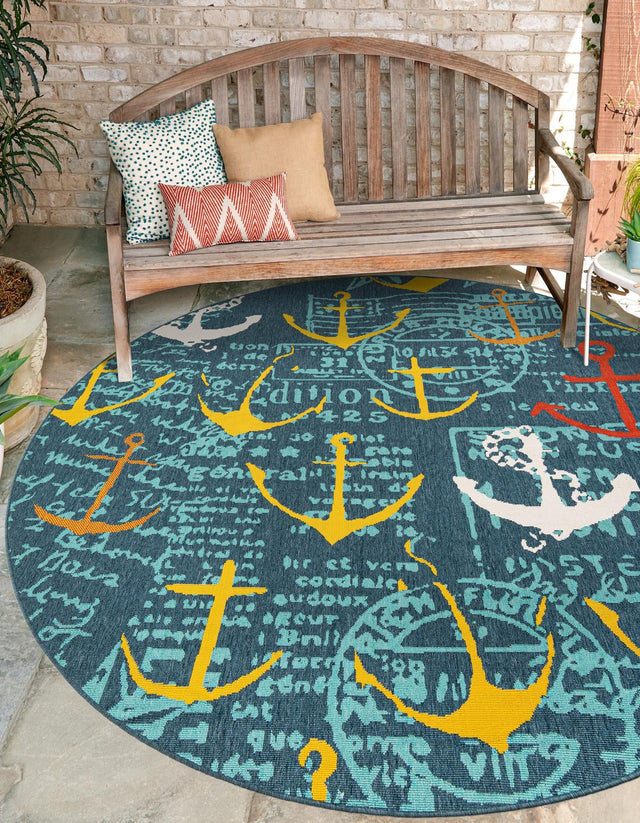 Navy Blue 7' 10 x 7' 10 Outdoor Coastal Round Area Rug Weather Resistant for Patio, Deck, Terrace, Balcony, Porch 100% Polypropylene Coastal Decor Carpet for Sale at Rug Engine