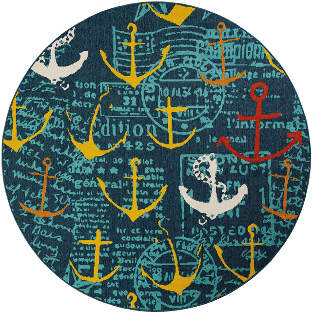 Navy Blue 7' 10 x 7' 10 Outdoor Coastal Round Area Rug Weather Resistant for Patio, Deck, Terrace, Balcony, Porch 100% Polypropylene Coastal Decor Carpet for Sale at Rug Engine