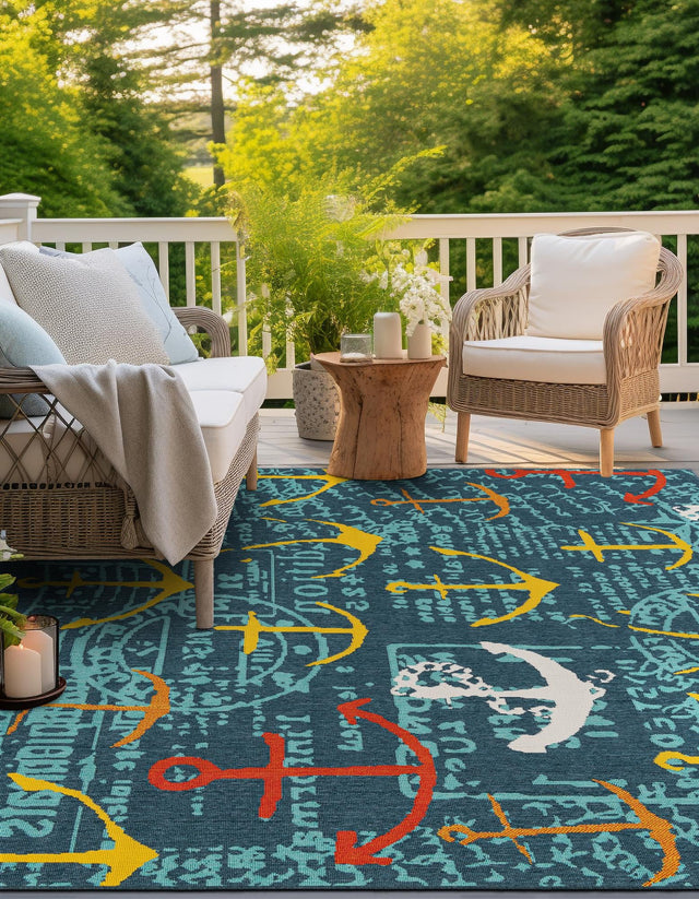 Navy Blue 7' 10 x 7' 10 Outdoor Coastal Square Area Rug Weather Resistant for Patio, Deck, Terrace, Balcony, Porch 100% Polypropylene Coastal Decor Carpet for Sale at Rug Engine