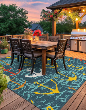 Navy Blue 7' 10 x 7' 10 Outdoor Coastal Square Area Rug Weather Resistant for Patio, Deck, Terrace, Balcony, Porch 100% Polypropylene Coastal Decor Carpet for Sale at Rug Engine