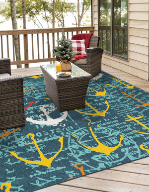 Navy Blue 7' 10 x 7' 10 Outdoor Coastal Square Area Rug Weather Resistant for Patio, Deck, Terrace, Balcony, Porch 100% Polypropylene Coastal Decor Carpet for Sale at Rug Engine
