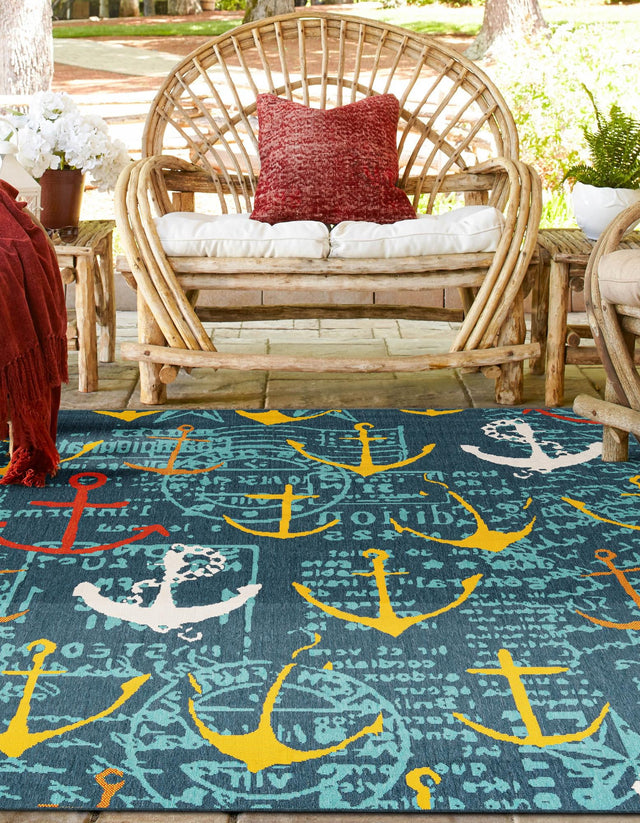 Navy Blue 7' 10 x 7' 10 Outdoor Coastal Square Area Rug Weather Resistant for Patio, Deck, Terrace, Balcony, Porch 100% Polypropylene Coastal Decor Carpet for Sale at Rug Engine