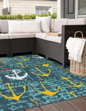Navy Blue 7' 10 x 7' 10 Outdoor Coastal Square Area Rug Weather Resistant for Patio, Deck, Terrace, Balcony, Porch 100% Polypropylene Coastal Decor Carpet for Sale at Rug Engine