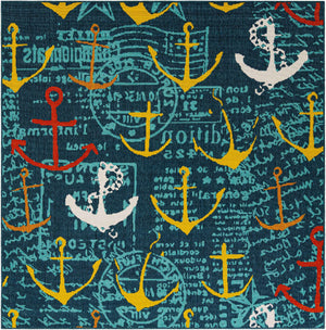 Navy Blue 7' 10 x 7' 10 Outdoor Coastal Square Area Rug Weather Resistant for Patio, Deck, Terrace, Balcony, Porch 100% Polypropylene Coastal Decor Carpet for Sale at Rug Engine