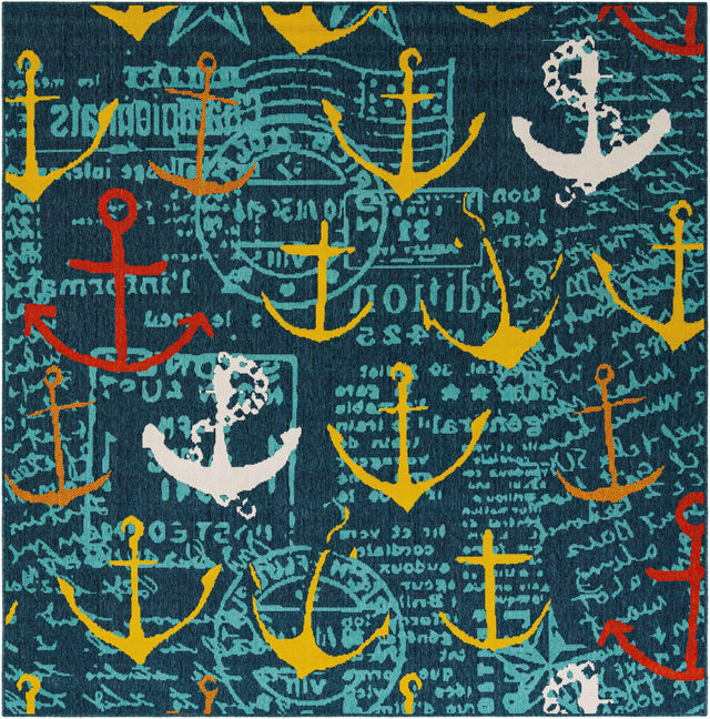 Navy Blue 7' 10 x 7' 10 Outdoor Coastal Square Area Rug Weather Resistant for Patio, Deck, Terrace, Balcony, Porch 100% Polypropylene Coastal Decor Carpet for Sale at Rug Engine
