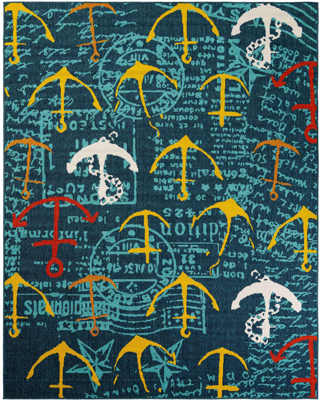 Navy Blue 7' 10 x 10' Outdoor Coastal Rectangle Area Rug Weather Resistant for Patio, Deck, Terrace, Balcony, Porch 100% Polypropylene Coastal Decor Carpet for Sale at Rug Engine