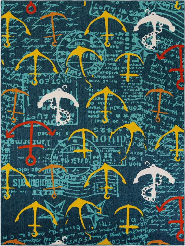 Navy Blue 9' x 12' Outdoor Coastal Rectangle Area Rug Weather Resistant for Patio, Deck, Terrace, Balcony, Porch 100% Polypropylene Coastal Decor Carpet for Sale at Rug Engine