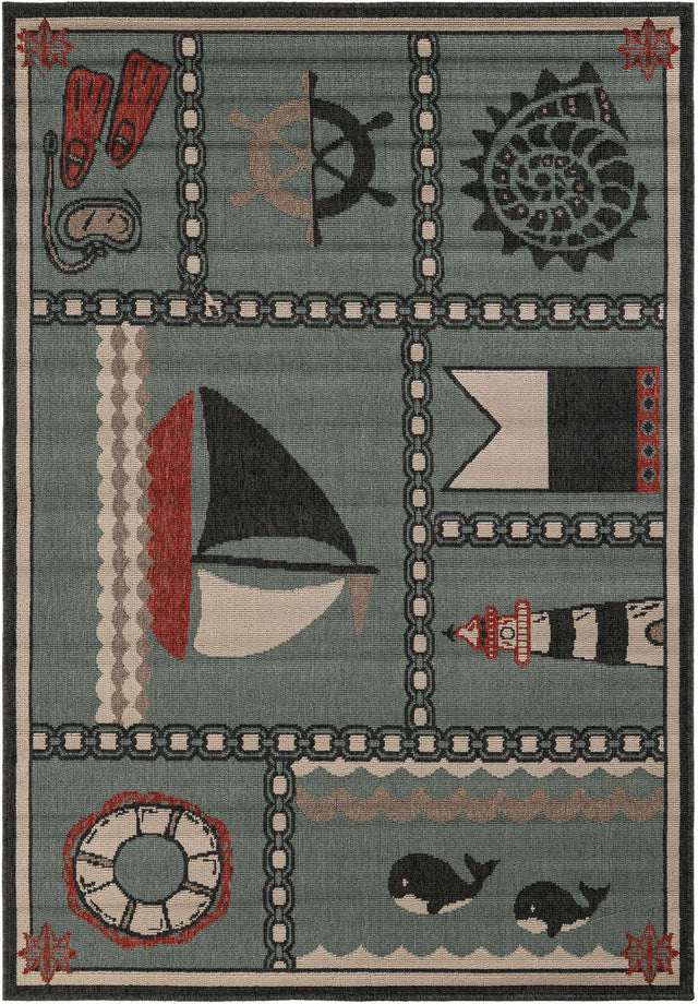 Blue 4' 1 x 6' 1 Outdoor Coastal Rectangle Area Rug Weather Resistant for Patio, Deck, Terrace, Balcony, Porch 100% Polypropylene Coastal Decor Carpet for Sale at Rug Engine
