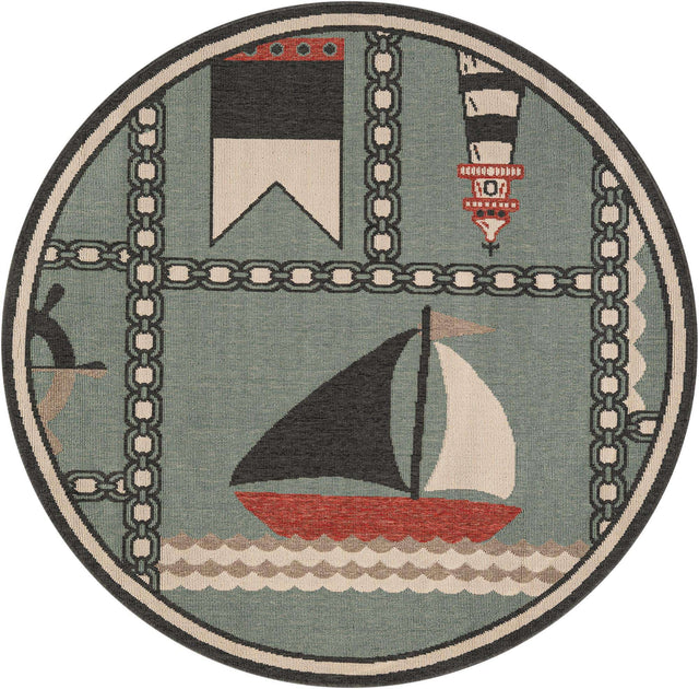 Blue 5' 1 x 5' 1 Outdoor Coastal Round Area Rug Weather Resistant for Patio, Deck, Terrace, Balcony, Porch 100% Polypropylene Coastal Decor Carpet for Sale at Rug Engine