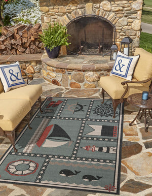 Blue 4' 1 x 6' 1 Outdoor Coastal Rectangle Area Rug Weather Resistant for Patio, Deck, Terrace, Balcony, Porch 100% Polypropylene Coastal Decor Carpet for Sale at Rug Engine