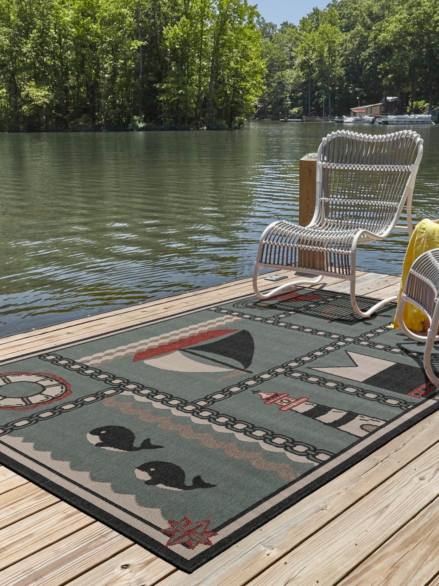 Blue 9' x 12' Outdoor Coastal Rectangle Area Rug Weather Resistant for Patio, Deck, Terrace, Balcony, Porch 100% Polypropylene Coastal Decor Carpet for Sale at Rug Engine