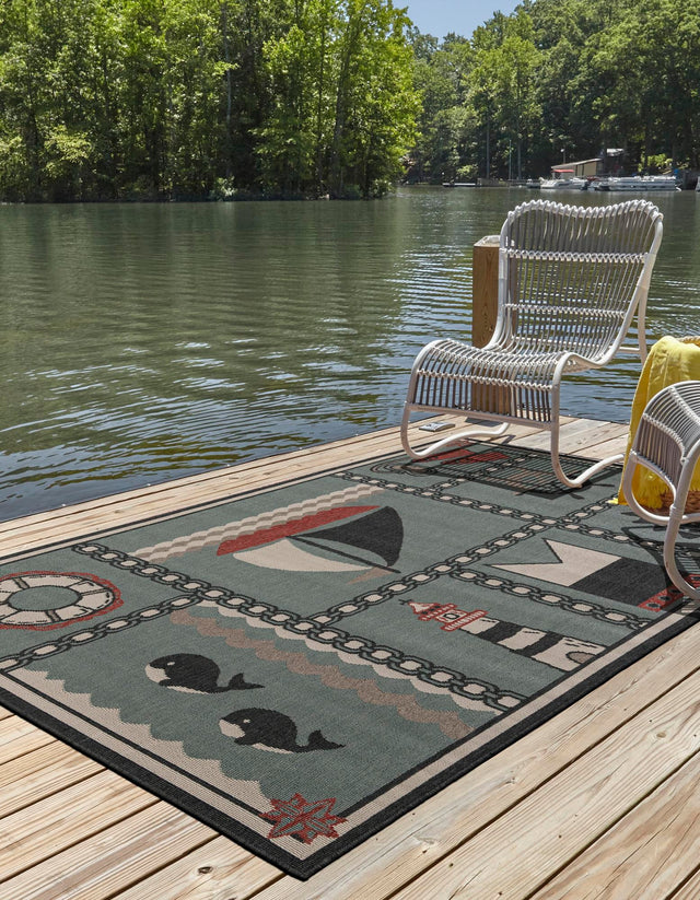Blue 4' 1 x 6' 1 Outdoor Coastal Rectangle Area Rug Weather Resistant for Patio, Deck, Terrace, Balcony, Porch 100% Polypropylene Coastal Decor Carpet for Sale at Rug Engine