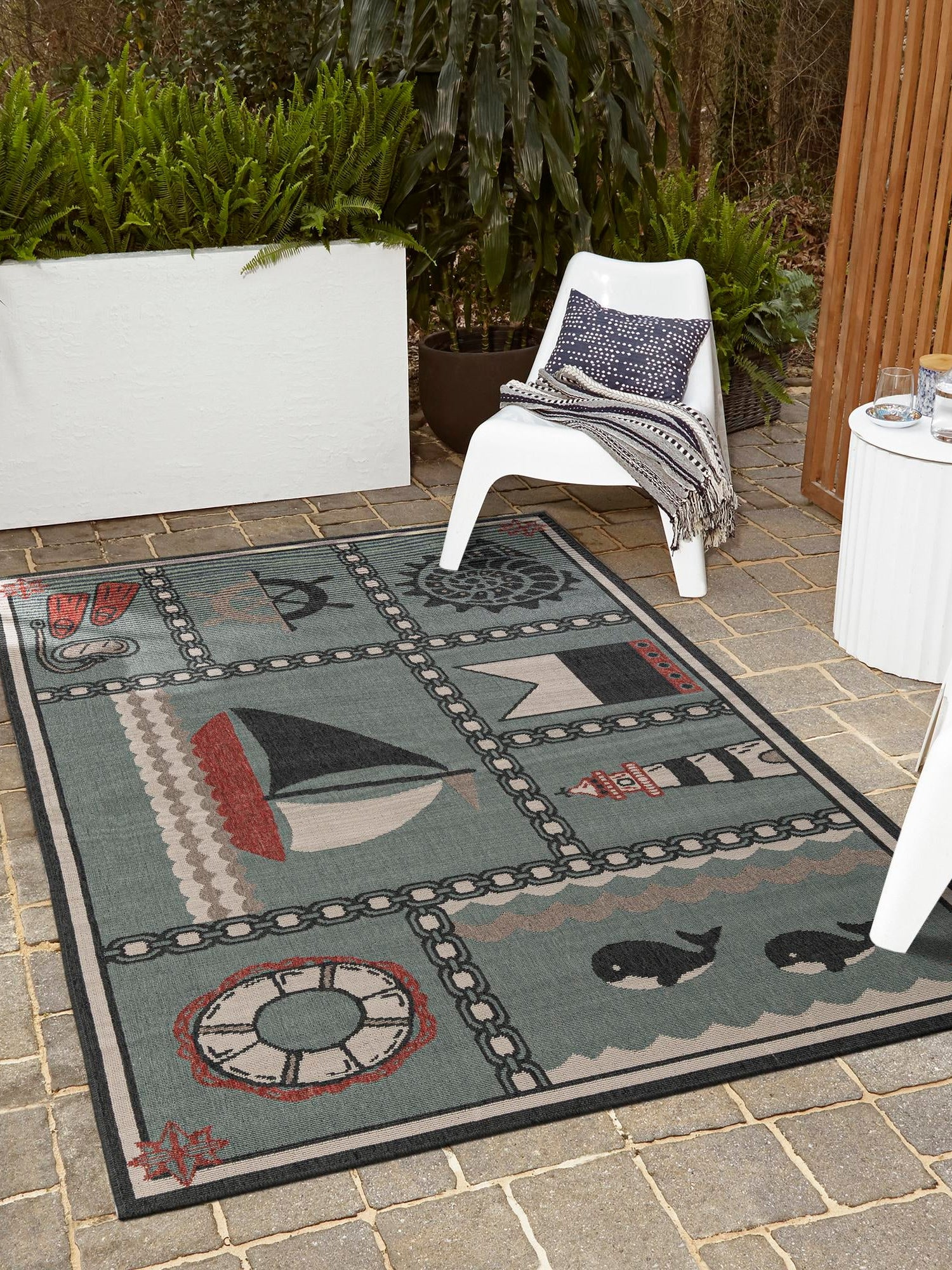 Blue 4' 1 x 6' 1 Outdoor Coastal Rectangle Area Rug Weather Resistant for Patio, Deck, Terrace, Balcony, Porch 100% Polypropylene Coastal Decor Carpet for Sale at Rug Engine