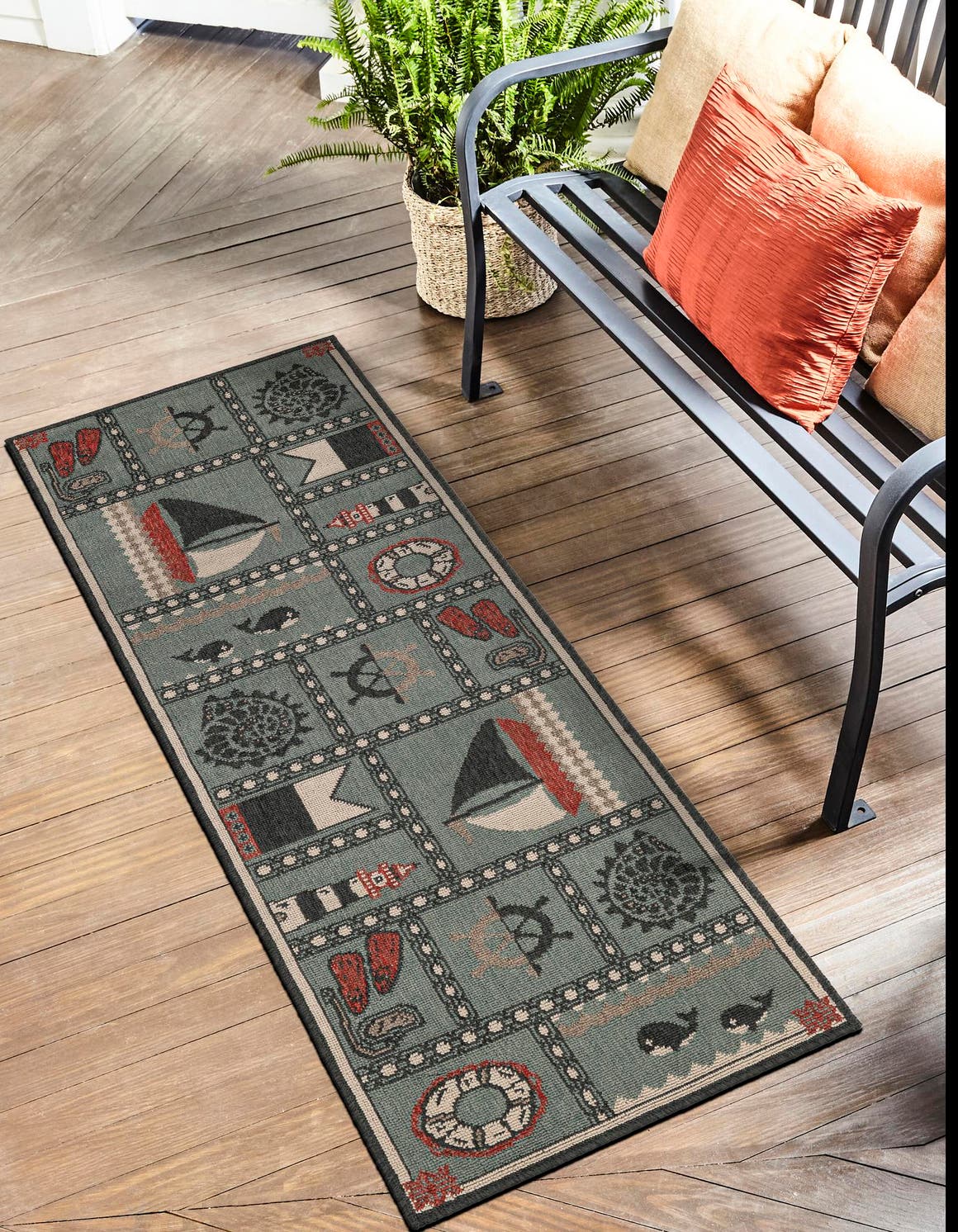 Blue 2' x 6' 1 Outdoor Coastal Runner Area Rug Weather Resistant for Patio, Deck, Terrace, Balcony, Porch 100% Polypropylene Coastal Decor Carpet for Sale at Rug Engine