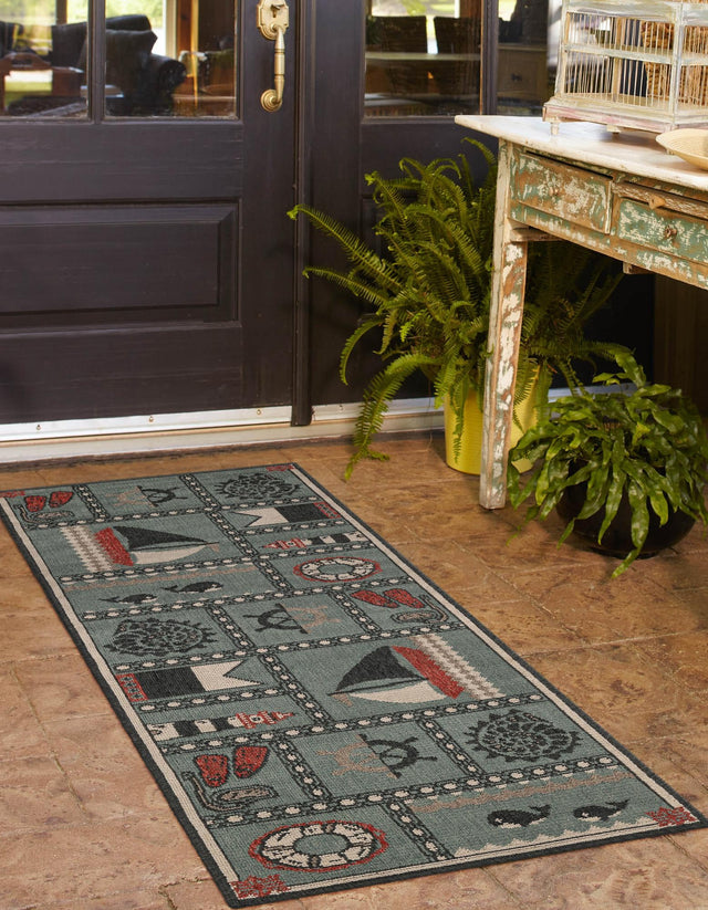 Blue 2' 7 x 10' Outdoor Coastal Runner Area Rug Weather Resistant for Patio, Deck, Terrace, Balcony, Porch 100% Polypropylene Coastal Decor Carpet for Sale at Rug Engine