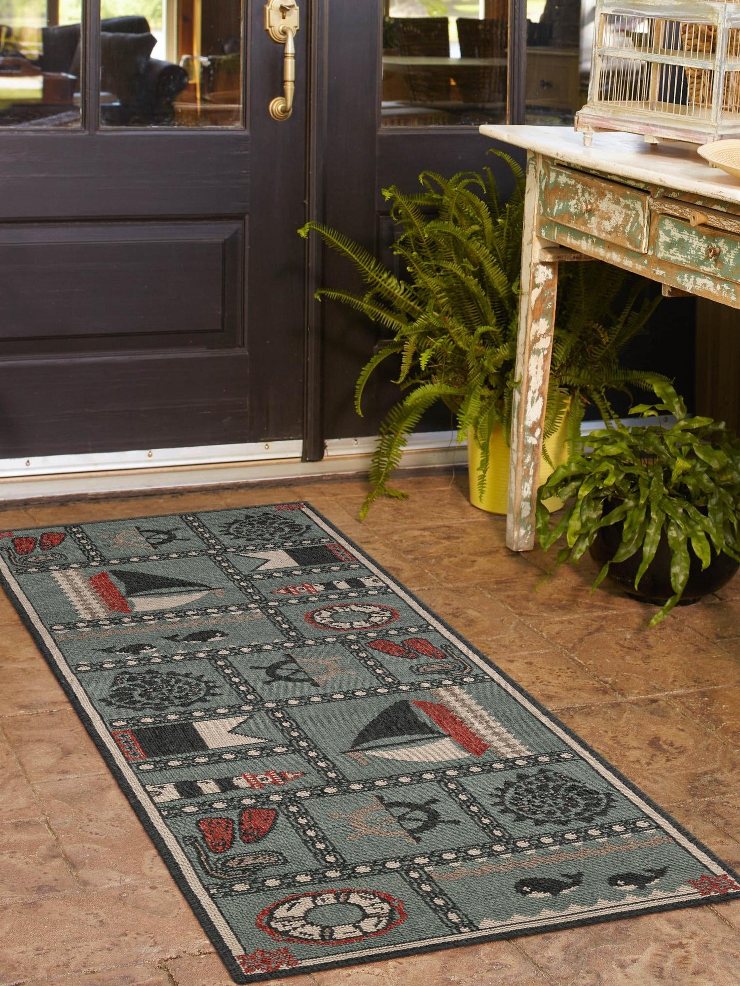 Blue 2' x 8' Outdoor Coastal Runner Area Rug Weather Resistant for Patio, Deck, Terrace, Balcony, Porch 100% Polypropylene Coastal Decor Carpet for Sale at Rug Engine