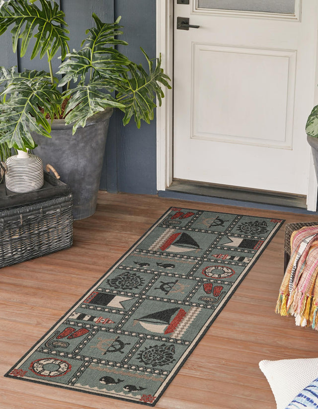 Blue 2' x 8' Outdoor Coastal Runner Area Rug Weather Resistant for Patio, Deck, Terrace, Balcony, Porch 100% Polypropylene Coastal Decor Carpet for Sale at Rug Engine