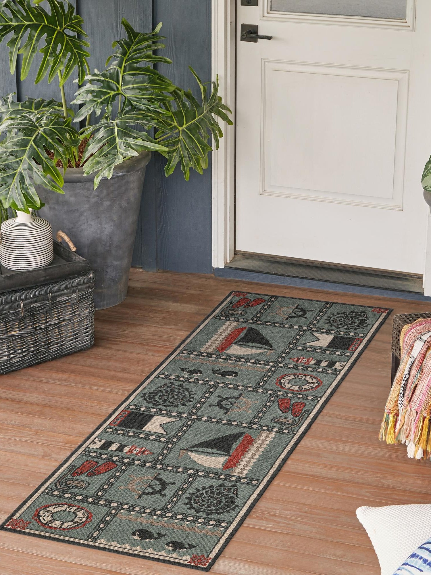 Blue 2' 7 x 12' Outdoor Coastal Runner Area Rug Weather Resistant for Patio, Deck, Terrace, Balcony, Porch 100% Polypropylene Coastal Decor Carpet for Sale at Rug Engine