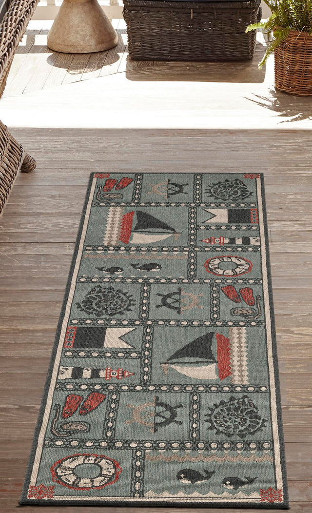 Blue 2' 7 x 10' Outdoor Coastal Runner Area Rug Weather Resistant for Patio, Deck, Terrace, Balcony, Porch 100% Polypropylene Coastal Decor Carpet for Sale at Rug Engine