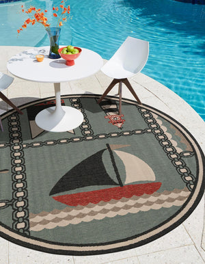 Blue 7' 10 x 7' 10 Outdoor Coastal Round Area Rug Weather Resistant for Patio, Deck, Terrace, Balcony, Porch 100% Polypropylene Coastal Decor Carpet for Sale at Rug Engine