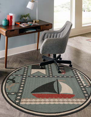 Blue 5' 1 x 5' 1 Outdoor Coastal Round Area Rug Weather Resistant for Patio, Deck, Terrace, Balcony, Porch 100% Polypropylene Coastal Decor Carpet for Sale at Rug Engine