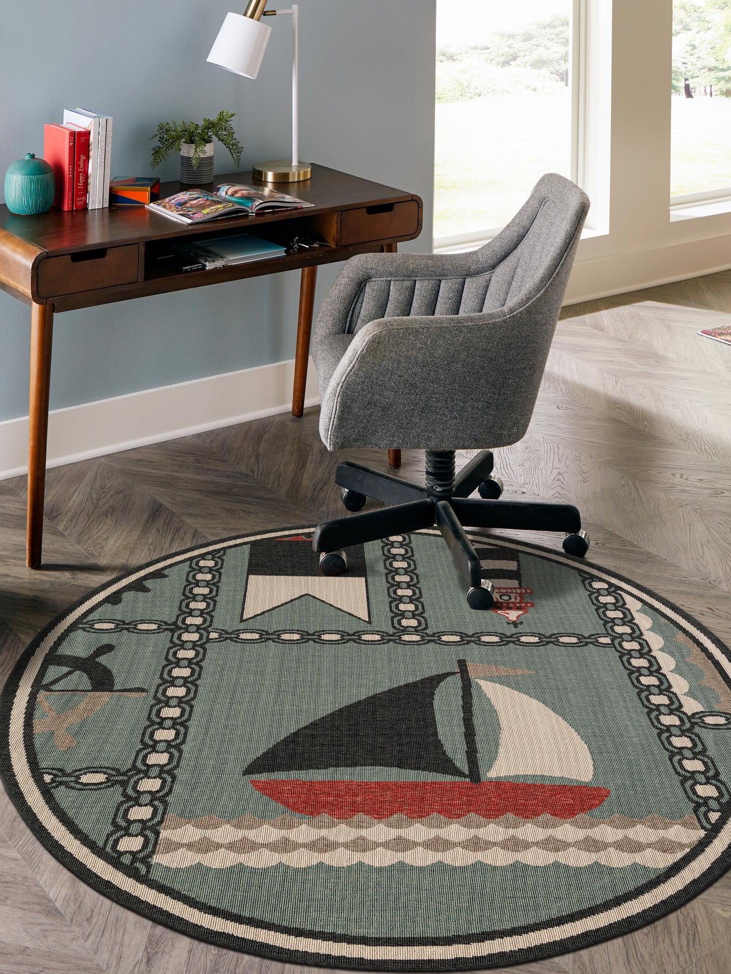Blue 4' 1 x 4' 1 Outdoor Coastal Round Area Rug Weather Resistant for Patio, Deck, Terrace, Balcony, Porch 100% Polypropylene Coastal Decor Carpet for Sale at Rug Engine