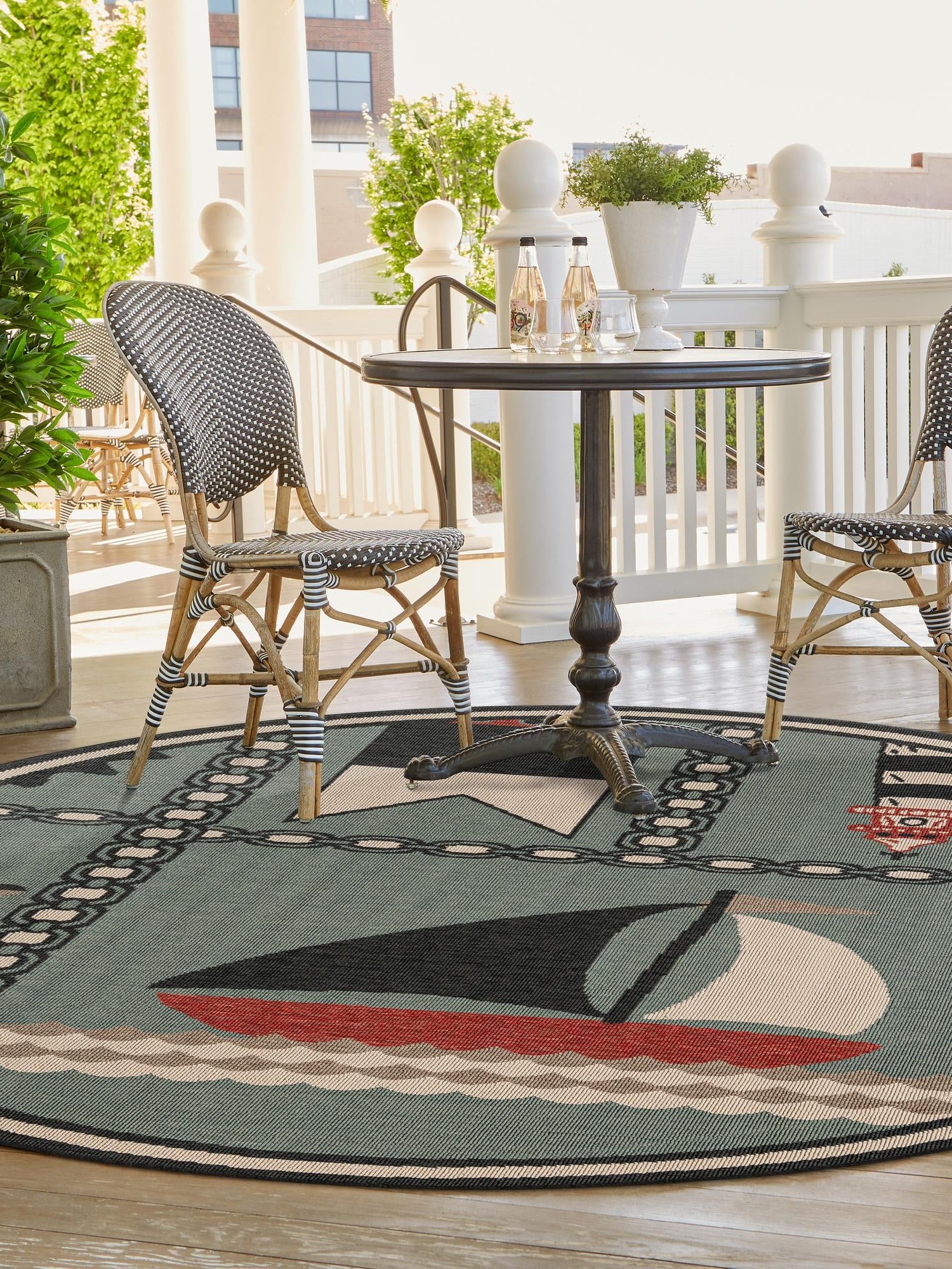 Blue 6' 1 x 6' 1 Outdoor Coastal Round Area Rug Weather Resistant for Patio, Deck, Terrace, Balcony, Porch 100% Polypropylene Coastal Decor Carpet for Sale at Rug Engine