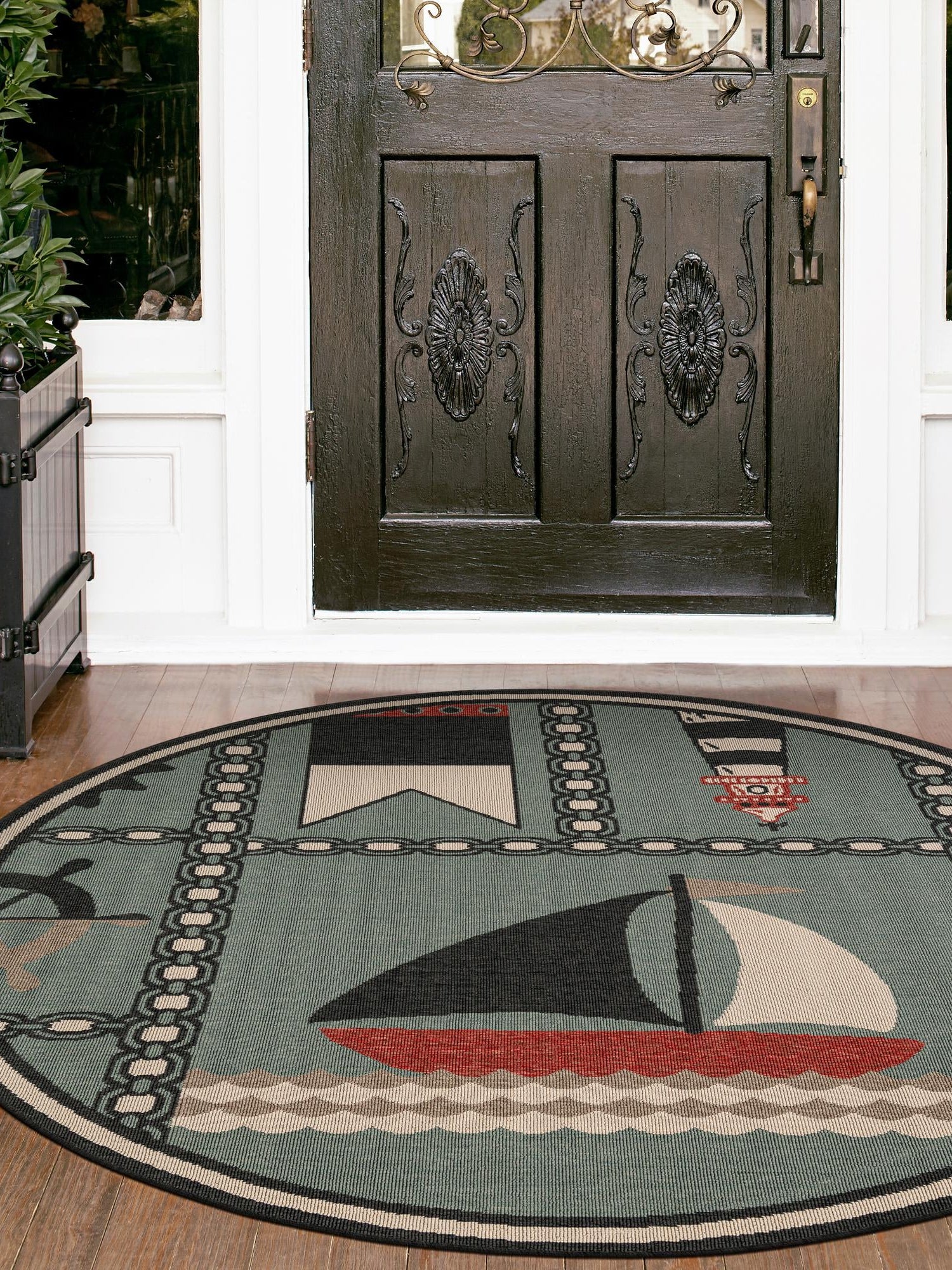 Blue 4' 1 x 4' 1 Outdoor Coastal Round Area Rug Weather Resistant for Patio, Deck, Terrace, Balcony, Porch 100% Polypropylene Coastal Decor Carpet for Sale at Rug Engine