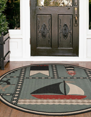 Blue 4' 1 x 4' 1 Outdoor Coastal Round Area Rug Weather Resistant for Patio, Deck, Terrace, Balcony, Porch 100% Polypropylene Coastal Decor Carpet for Sale at Rug Engine